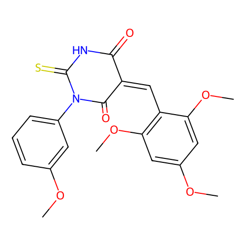 (5Z)-1-(3-methoxyphenyl)-2-sulfanyl-5-(2,4,6-trimethoxybenzylidene)pyrimidine-4,6(1H,5H)-dione structure