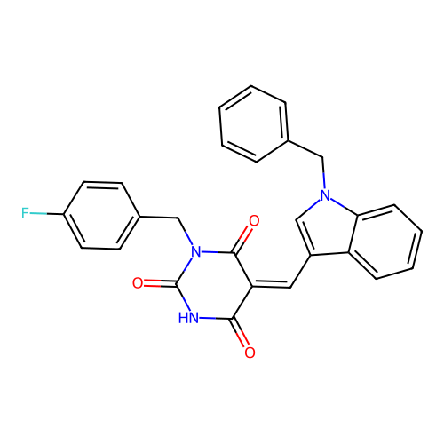 (5Z)-5-[(1-benzylindol-3-yl)methylidene]-1-[(4-fluorophenyl)methyl]-1,3-diazinane-2,4,6-trione structure