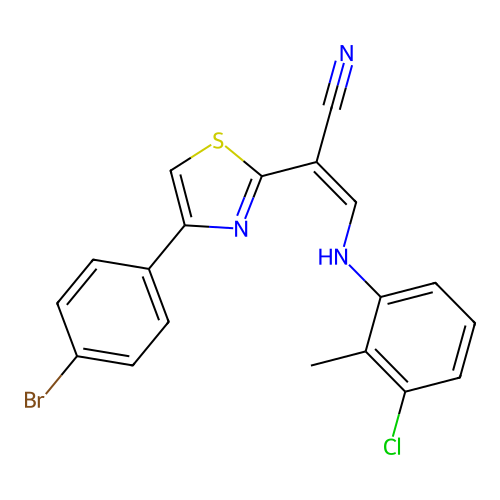 (Z)-2-(4-(4-bromophenyl)thiazol-2-yl)-3-((3-chloro-2-methylphenyl)amino)acrylonitrile structure