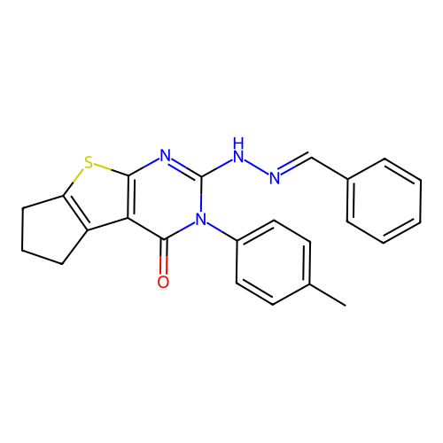 2-(2-benzylidenehydrazinyl)-3-(p-tolyl)-6,7-dihydro-3H-cyclopenta[4,5]thieno[2,3-d]pyrimidin-4(5H)-one structure