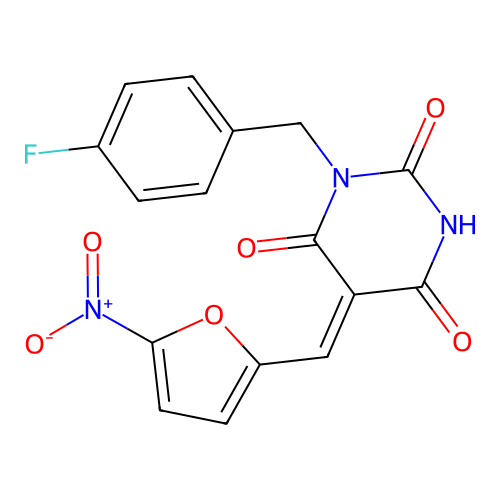 1-(4-fluorobenzyl)-5-[(5-nitro-2-furyl)methylene]-2,4,6(1H,3H,5H)-pyrimidinetrione structure
