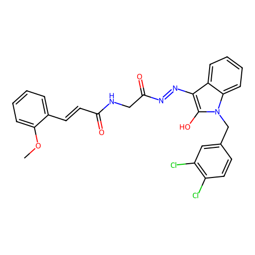(2E)-N-(2-{(2Z)-2-[1-(3,4-dichlorobenzyl)-2-oxo-1,2-dihydro-3H-indol-3-ylidene]hydrazinyl}-2-oxoethyl)-3-(2-methoxyphenyl)prop-2-enamide (non-preferred name) structure