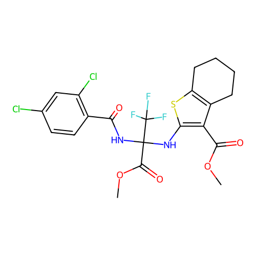Benzothiophene-3-carboxylic acid, 4,5,6,7-tetrahydro-2-[1-(2,4-dichlorobenzoylamino)-2,2,2-trifluoro-1-methoxycarbonylethylamino]-, methyl ester structure