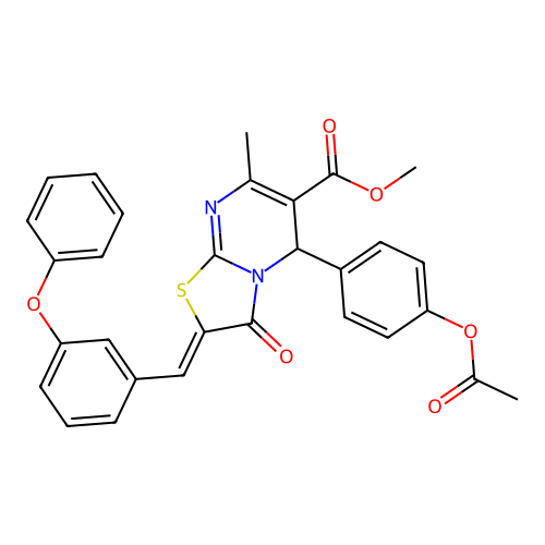 (Z)-methyl 5-(4-acetoxyphenyl)-7-methyl-3-oxo-2-(3-phenoxybenzylidene)-3,5-dihydro-2H-thiazolo[3,2-a]pyrimidine-6-carboxylate structure