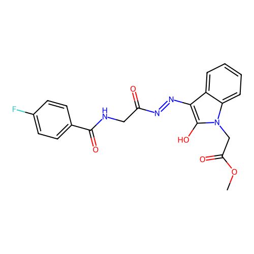 methyl 2-(3-(2-(2-(4-fluorobenzamido)acetyl)hydrazono)-2-oxoindolin-1-yl)acetate structure