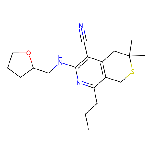 3,3-dimethyl-6-(oxolan-2-ylmethylamino)-8-propyl-1,4-dihydrothiopyrano[3,4-c]pyridine-5-carbonitrile structure
