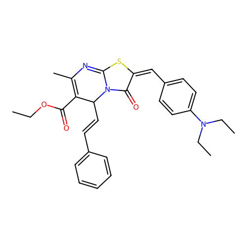 (E)-ethyl 2-(4-(diethylamino)benzylidene)-7-methyl-3-oxo-5-((E)-styryl)-3,5-dihydro-2H-thiazolo[3,2-a]pyrimidine-6-carboxylate structure