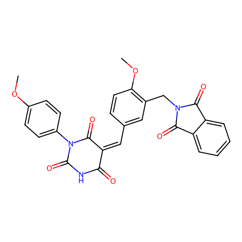 (5Z)-5-[[3-[(1,3-dioxoisoindol-2-yl)methyl]-4-methoxyphenyl]methylidene]-1-(4-methoxyphenyl)-1,3-diazinane-2,4,6-trione structure