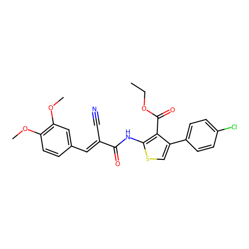 (E)-ethyl 4-(4-chlorophenyl)-2-(2-cyano-3-(3,4-dimethoxyphenyl)acrylamido)thiophene-3-carboxylate structure