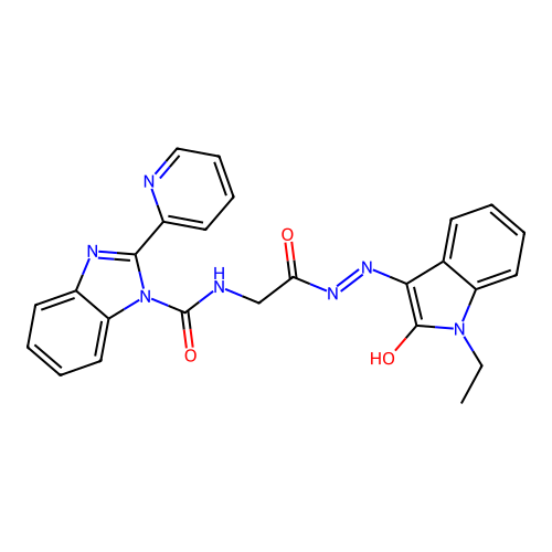 (Z)-N-(2-(2-(1-ethyl-2-oxoindolin-3-ylidene)hydrazinyl)-2-oxoethyl)-2-(pyridin-2-yl)-1H-benzo[d]imidazole-1-carboxamide structure