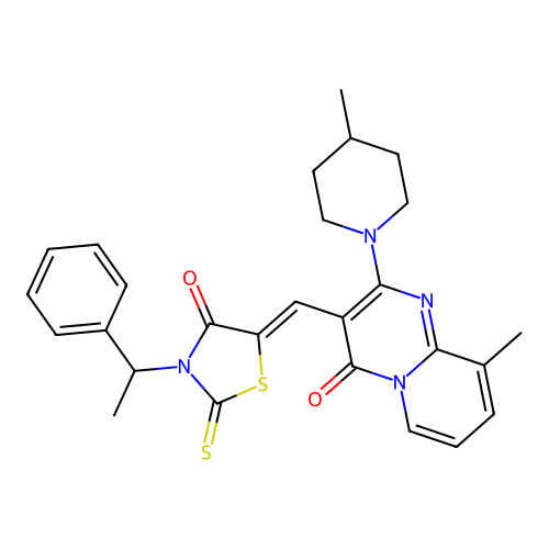 9-methyl-2-(4-methylpiperidin-1-yl)-3-{(Z)-[4-oxo-3-(1-phenylethyl)-2-thioxo-1,3-thiazolidin-5-ylidene]methyl}-4H-pyrido[1,2-a]pyrimidin-4-one structure
