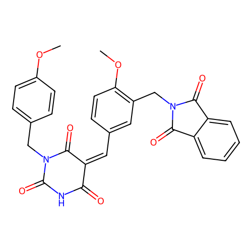 (5Z)-5-[[3-[(1,3-dioxoisoindol-2-yl)methyl]-4-methoxyphenyl]methylidene]-1-[(4-methoxyphenyl)methyl]-1,3-diazinane-2,4,6-trione structure