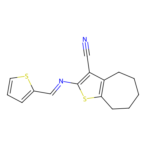 2-(2-thenylideneamino)-5,6,7,8-tetrahydro-4H-cyclohepta[b]thiophene-3-carbonitrile structure