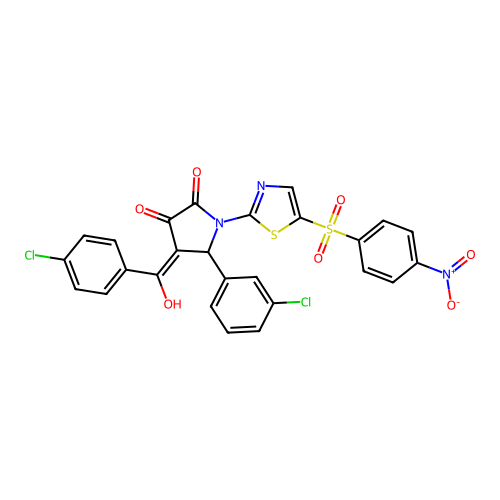 (4E)-5-(3-chlorophenyl)-4-[(4-chlorophenyl)(hydroxy)methylidene]-1-{5-[(4-nitrophenyl)sulfonyl]-1,3-thiazol-2-yl}pyrrolidine-2,3-dione structure