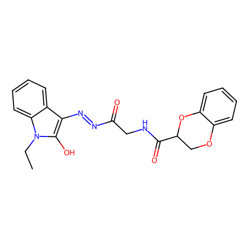 (Z)-N-(2-(2-(1-ethyl-2-oxoindolin-3-ylidene)hydrazinyl)-2-oxoethyl)-2,3-dihydrobenzo[b][1,4]dioxine-2-carboxamide structure