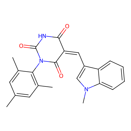 (Z)-1-mesityl-5-((1-methyl-1H-indol-3-yl)methylene)pyrimidine-2,4,6(1H,3H,5H)-trione structure