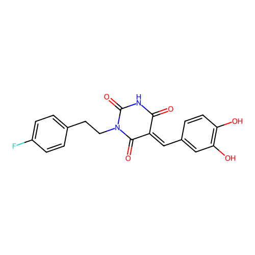 (E)-5-(3,4-dihydroxybenzylidene)-1-(4-fluorophenethyl)pyrimidine-2,4,6(1H,3H,5H)-trione structure