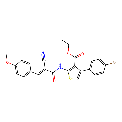 (E)-ethyl 4-(4-bromophenyl)-2-(2-cyano-3-(4-methoxyphenyl)acrylamido)thiophene-3-carboxylate structure