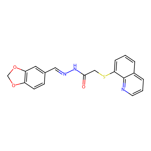N'-[(E)-1,3-benzodioxol-5-ylmethylidene]-2-(quinolin-8-ylsulfanyl)acetohydrazide structure