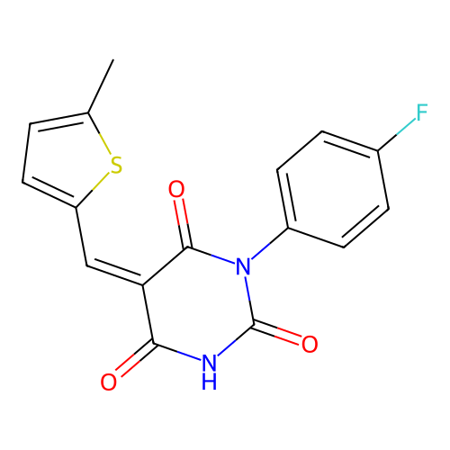 1-(4-fluorophenyl)-5-[(5-methyl-2-thienyl)methylene]-2,4,6(1h,3h,5h)-pyrimidinetrione structure