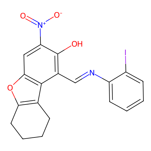 (1E)-1-[(2-iodoanilino)methylidene]-3-nitro-6,7,8,9-tetrahydrodibenzofuran-2-one structure