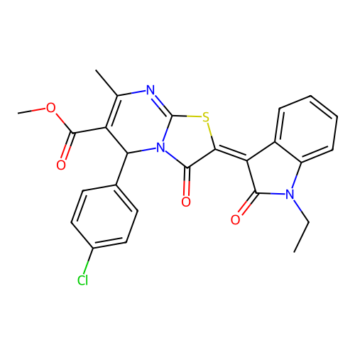 (E)-methyl 5-(4-chlorophenyl)-2-(1-ethyl-2-oxoindolin-3-ylidene)-7-methyl-3-oxo-3,5-dihydro-2H-thiazolo[3,2-a]pyrimidine-6-carboxylate structure