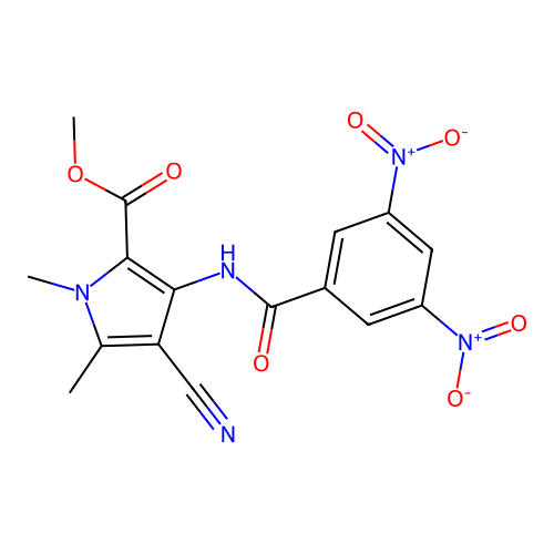 Methyl 4-cyano-3-(3,5-dinitrobenzamido)-1,5-dimethyl-1H-pyrrole-2-carboxylate structure