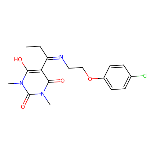 5-[1-[2-(4-chlorophenoxy)ethylamino]propylidene]-1,3-dimethyl-1,3-diazinane-2,4,6-trione structure