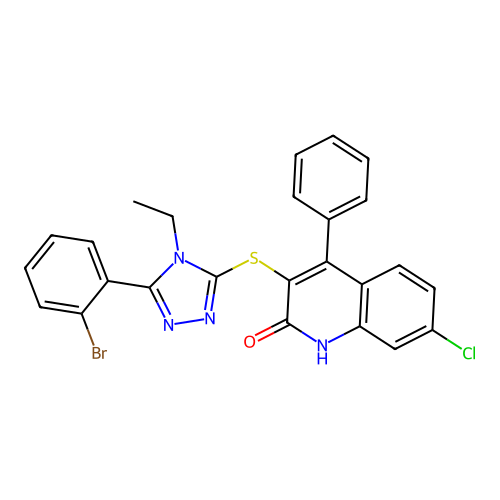 3-[[5-(2-bromophenyl)-4-ethyl-1,2,4-triazol-3-yl]sulfanyl]-7-chloro-4-phenyl-1H-quinolin-2-one structure
