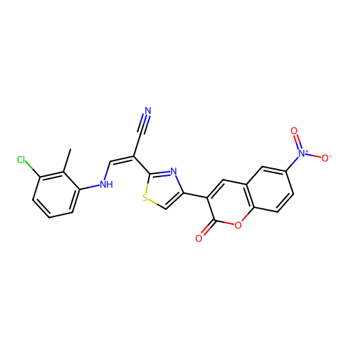 (2Z)-3-[(3-chloro-2-methylphenyl)amino]-2-[4-(6-nitro-2-oxo-2H-chromen-3-yl)-1,3-thiazol-2-yl]prop-2-enenitrile structure