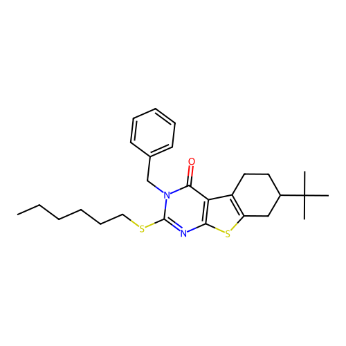 3-benzyl-7-(tert-butyl)-2-(hexylthio)-5,6,7,8-tetrahydrobenzo[4,5]thieno[2,3-d]pyrimidin-4(3H)-one structure