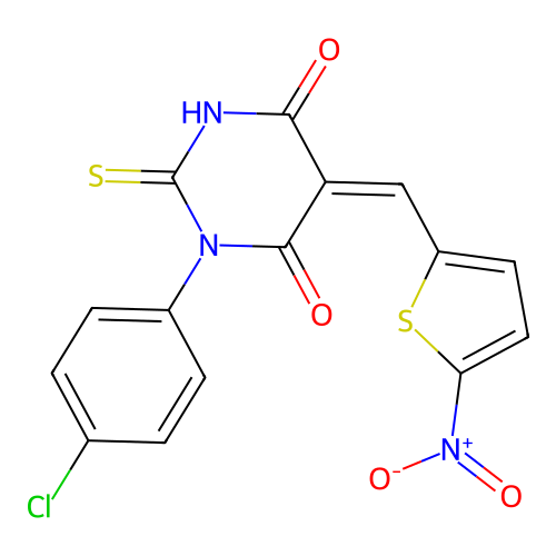 (5Z)-1-(4-chlorophenyl)-5-[(5-nitrothiophen-2-yl)methylidene]-2-sulfanylidene-1,3-diazinane-4,6-dione structure