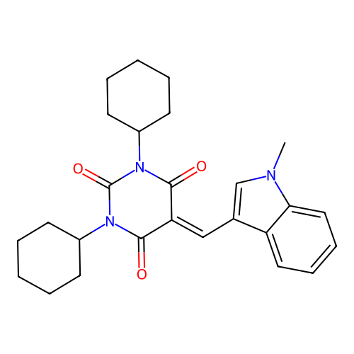 1,3-dicyclohexyl-5-[(1-methylindol-3-yl)methylidene]-1,3-diazinane-2,4,6-trione structure