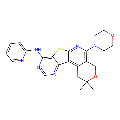 2,2-dimethyl-5-(morpholin-4-yl)-N-(pyridin-2-yl)-1,4-dihydro-2H-pyrano[4'',3'':4',5']pyrido[3',2':4,5]thieno[3,2-d]pyrimidin-8-amine structure