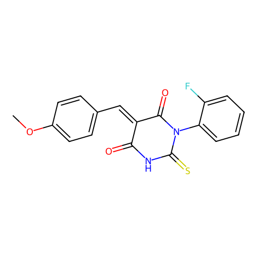 (5E)-1-(2-fluorophenyl)-5-(4-methoxybenzylidene)-2-sulfanylpyrimidine-4,6(1H,5H)-dione structure