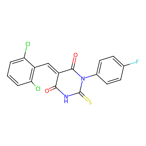(5E)-5-[(2,6-dichlorophenyl)methylidene]-1-(4-fluorophenyl)-2-sulfanylidene-1,3-diazinane-4,6-dione structure