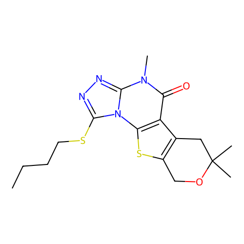 1-(butylsulfanyl)-4,7,7-trimethyl-6,9-dihydro-7H-pyrano[4',3':4,5]thieno[3,2-e][1,2,4]triazolo[4,3-a]pyrimidin-5(4H)-one structure