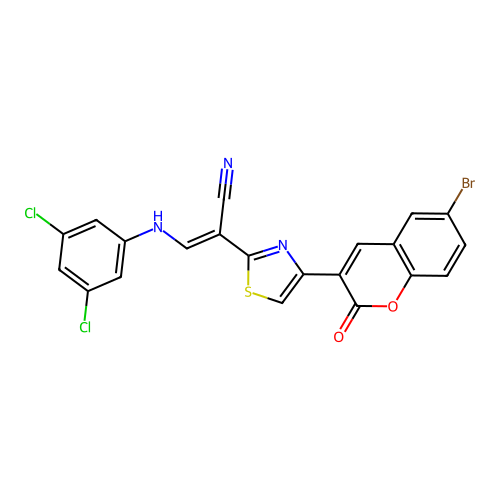 (2E)-2-[4-(6-bromo-2-oxo-2H-chromen-3-yl)-1,3-thiazol-2-yl]-3-[(3,5-dichlorophenyl)amino]prop-2-enenitrile structure