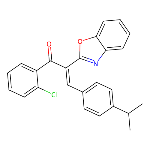 (E)-2-(1,3-benzoxazol-2-yl)-1-(2-chlorophenyl)-3-(4-propan-2-ylphenyl)prop-2-en-1-one structure
