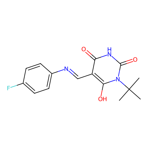(5Z)-1-tert-butyl-5-{[(4-fluorophenyl)amino]methylidene}pyrimidine-2,4,6(1H,3H,5H)-trione structure