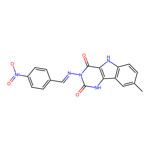 (E)-8-methyl-3-((4-nitrobenzylidene)amino)-1H-pyrimido[5,4-b]indole-2,4(3H,5H)-dione structure