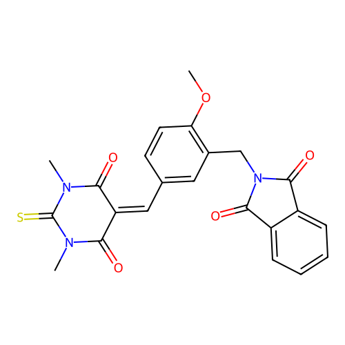 2-(5-((1,3-dimethyl-4,6-dioxo-2-thioxotetrahydropyrimidin-5(2H)-ylidene)methyl)-2-methoxybenzyl)isoindoline-1,3-dione structure
