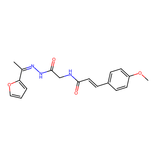 (2E)-N-(2-{(2Z)-2-[1-(furan-2-yl)ethylidene]hydrazinyl}-2-oxoethyl)-3-(4-methoxyphenyl)prop-2-enamide (non-preferred name) structure