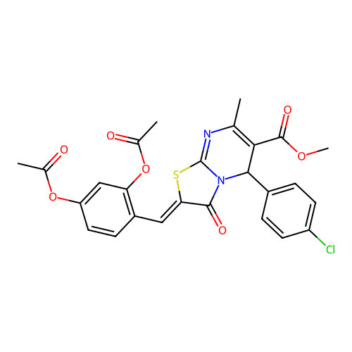 methyl (2Z)-2-[2,4-bis(acetyloxy)benzylidene]-5-(4-chlorophenyl)-7-methyl-3-oxo-2,3-dihydro-5H-[1,3]thiazolo[3,2-a]pyrimidine-6-carboxylate structure