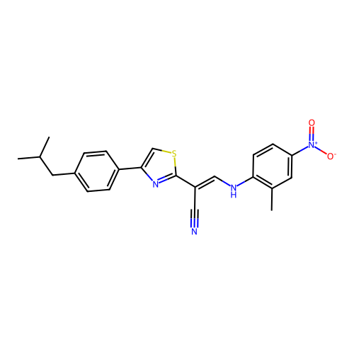 (E)-2-(4-(4-isobutylphenyl)thiazol-2-yl)-3-((2-methyl-4-nitrophenyl)amino)acrylonitrile structure