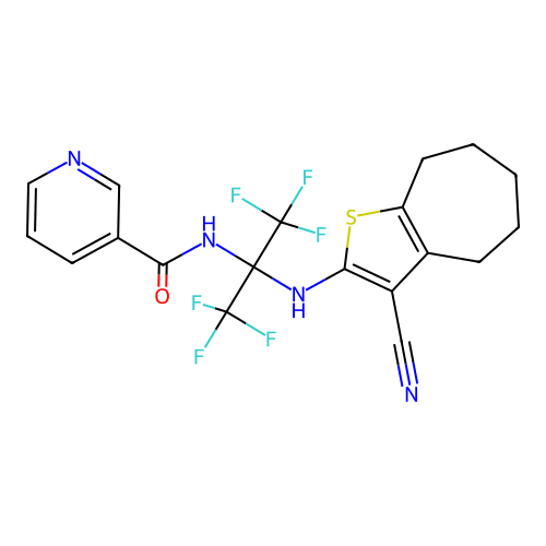 N-(2-((3-cyano-5,6,7,8-tetrahydro-4H-cyclohepta[b]thiophen-2-yl)amino)-1,1,1,3,3,3-hexafluoropropan-2-yl)nicotinamide structure