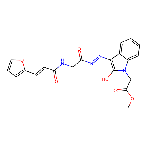 methyl {(3E)-3-[2-({[(2E)-3-(furan-2-yl)prop-2-enoyl]amino}acetyl)hydrazinylidene]-2-oxo-2,3-dihydro-1H-indol-1-yl}acetate structure