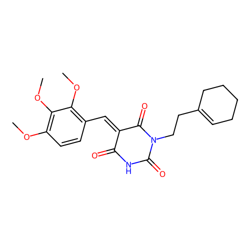 (E)-1-(2-(cyclohex-1-en-1-yl)ethyl)-5-(2,3,4-trimethoxybenzylidene)pyrimidine-2,4,6(1H,3H,5H)-trione structure