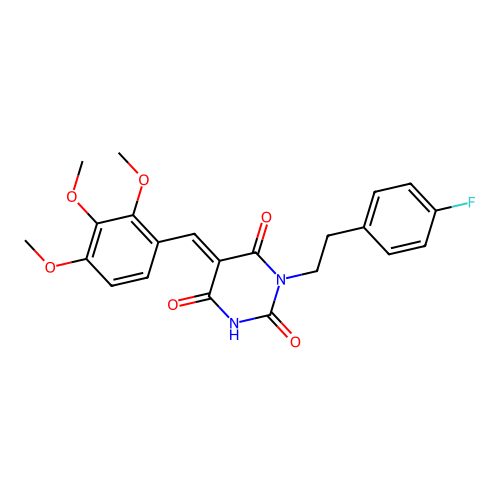 (E)-1-(4-fluorophenethyl)-5-(2,3,4-trimethoxybenzylidene)pyrimidine-2,4,6(1H,3H,5H)-trione structure