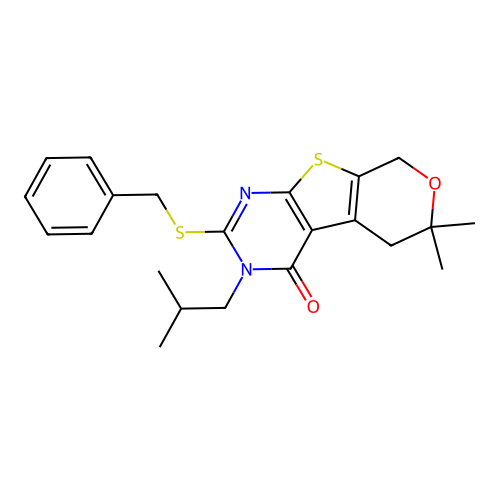 2-(benzylsulfanyl)-6,6-dimethyl-3-(2-methylpropyl)-3,5,6,8-tetrahydro-4H-pyrano[4',3':4,5]thieno[2,3-d]pyrimidin-4-one structure